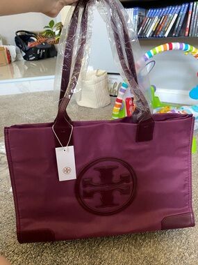 Tory Burch Plum Nylon Tote with Logo Appliqué